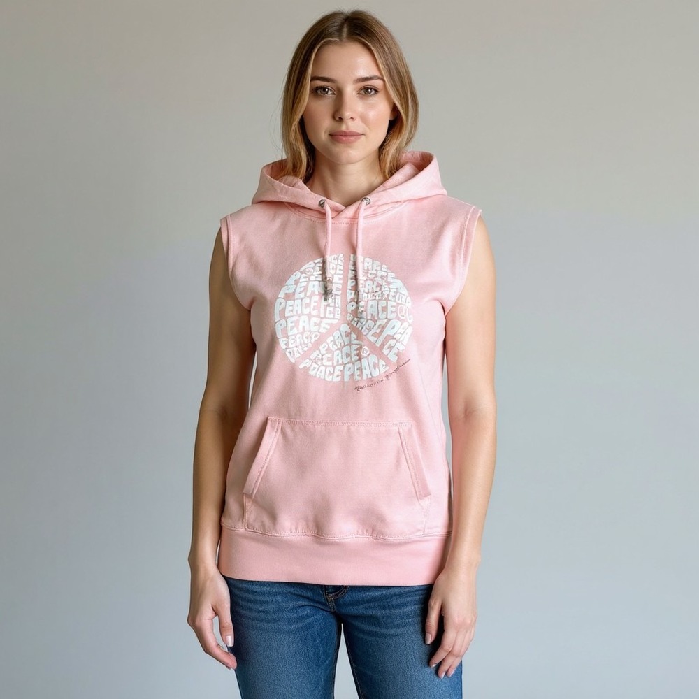 Spiritual Gangster Pink Peace Sign Sleeveless Hoodie Womens Medium Graphic Tank